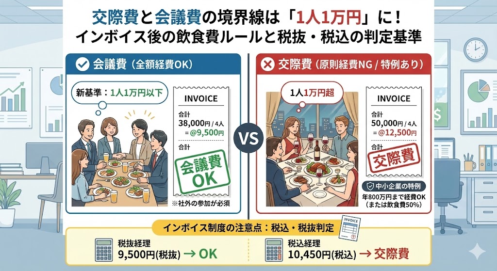取引先との会食費用は「交際費」？それとも全額経費になる「会議費」？2024年度税制改正で変更された「1人あたり1万円基準」の解説と、中小企業が使える「交際費の特例（年800万円）」、インボイス制度下での税抜・税込判定についてわかりやすく解説します。