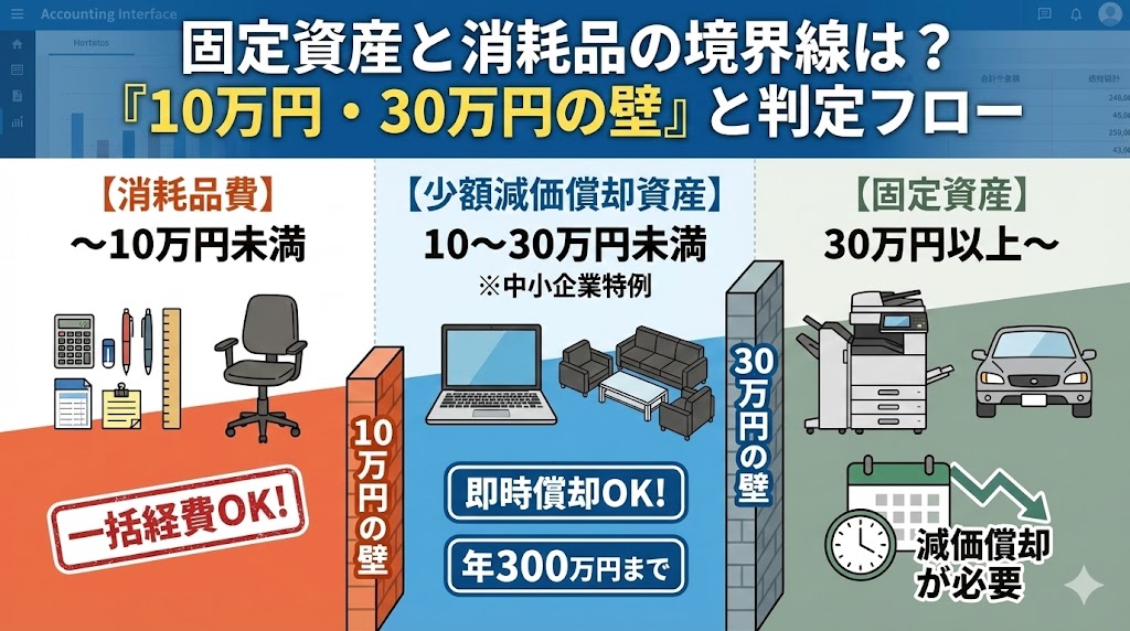 パソコンや家具を購入した際、一括で経費（消耗品費）にできるのはいくらまで？原則の「10万円未満」と、中小企業なら使える「30万円未満」の特例、さらに「一括償却資産（20万円未満）」の違いについて、判定フローと仕訳方法をわかりやすく解説します。