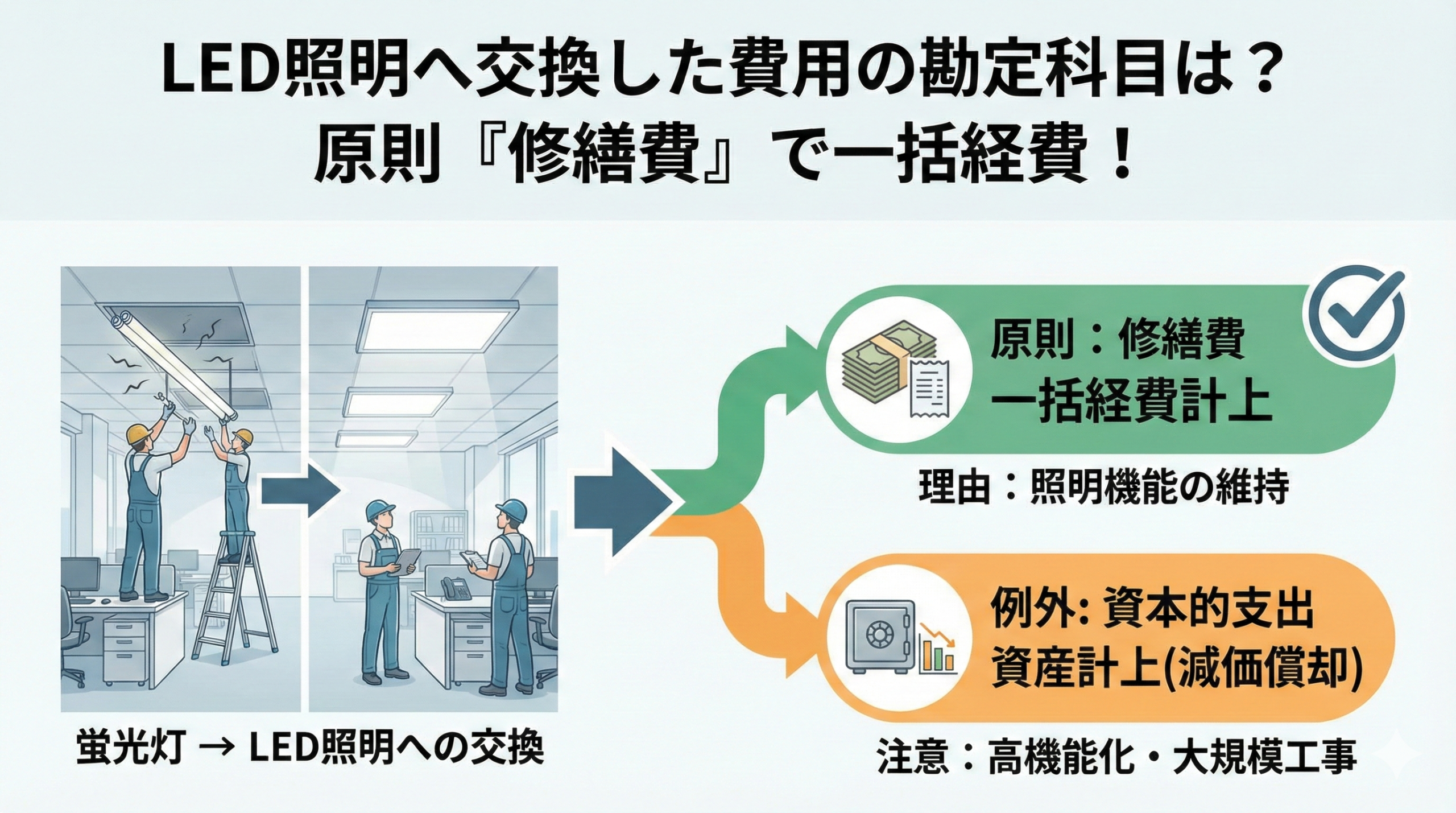 LED照明へ交換した費用の勘定科目は？「修繕費」で全額経費にできる基準と注意点