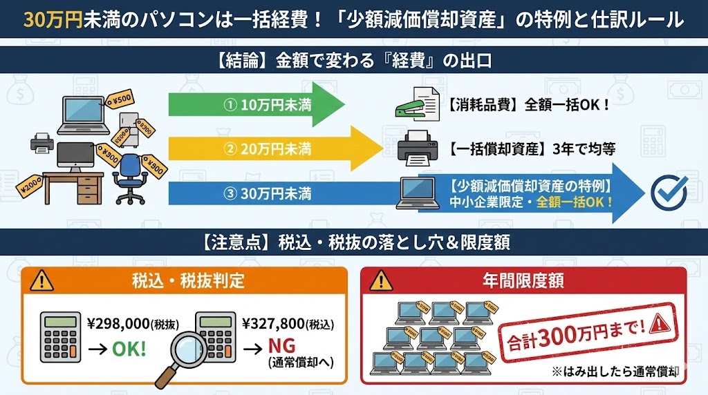 10万円以上の備品は通常「減価償却」が必要ですが、中小企業なら30万円未満まで一括経費にできる特例があります。10万・20万・30万の境界線、消費税（税込・税抜）での判定、合計300万円の限度額など、節税に欠かせないルールを解説します。