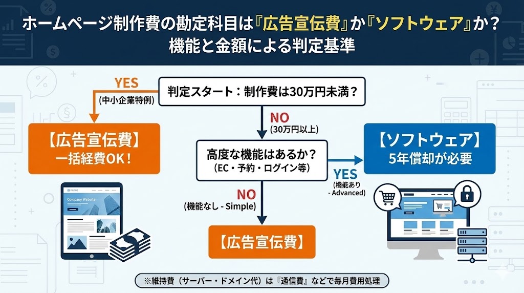 会社のホームページ作成費用は、原則として「広告宣伝費」ですが、EC機能やログイン機能がある場合は「ソフトウェア（無形固定資産）」として資産計上が必要になります。金額基準（10万円・30万円）との兼ね合いや、サーバー代・SEO対策費の処理についても解説します。