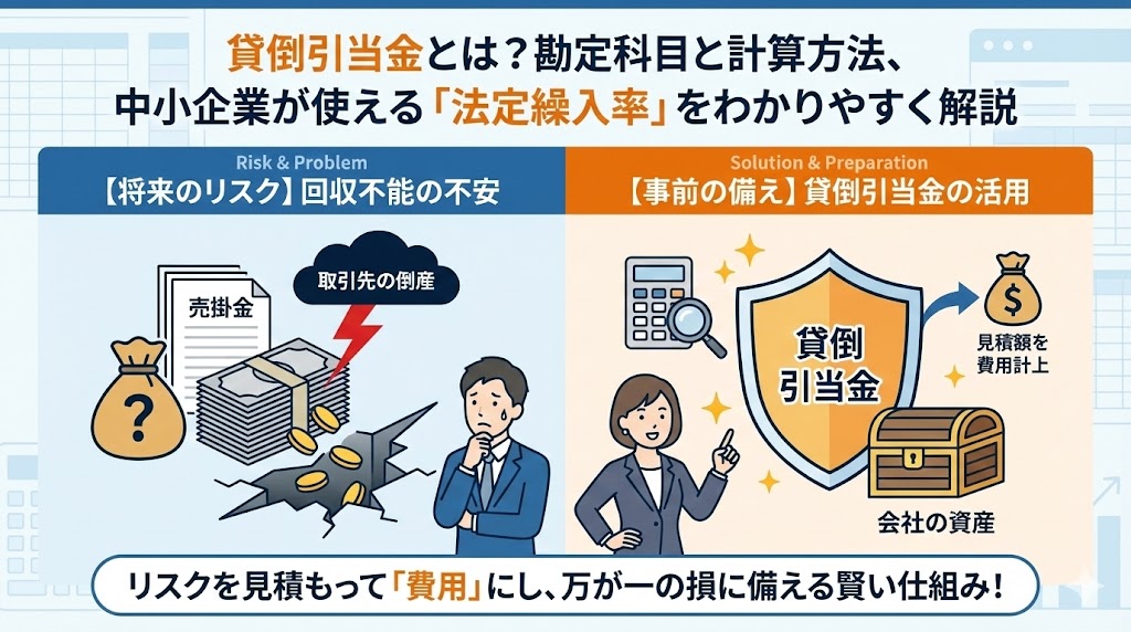 取引先の倒産などで売掛金が回収できなくなるリスクに備える「貸倒引当金」。勘定科目の使い方や仕訳例、決算時の計算方法を解説します。中小企業に認められている「法定繰入率」による簡便な計算ルールについても紹介。