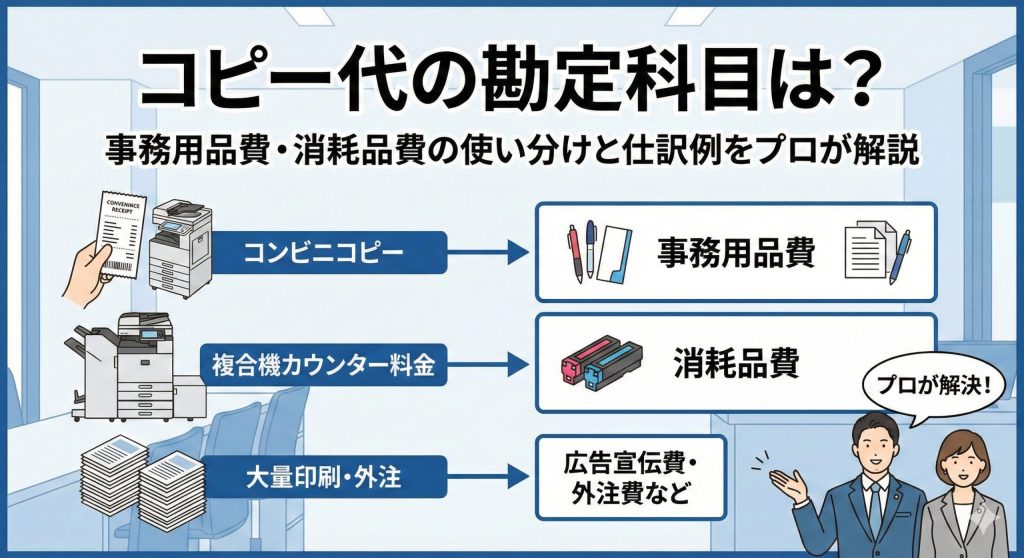 コピー代の勘定科目に迷っていませんか？コンビニでのコピー、リースのカウンター料金、チラシ等の外注など、状況別の最適な科目選びと仕訳例を公認会計士が解説。インボイス対応や節税のポイントもわかります。