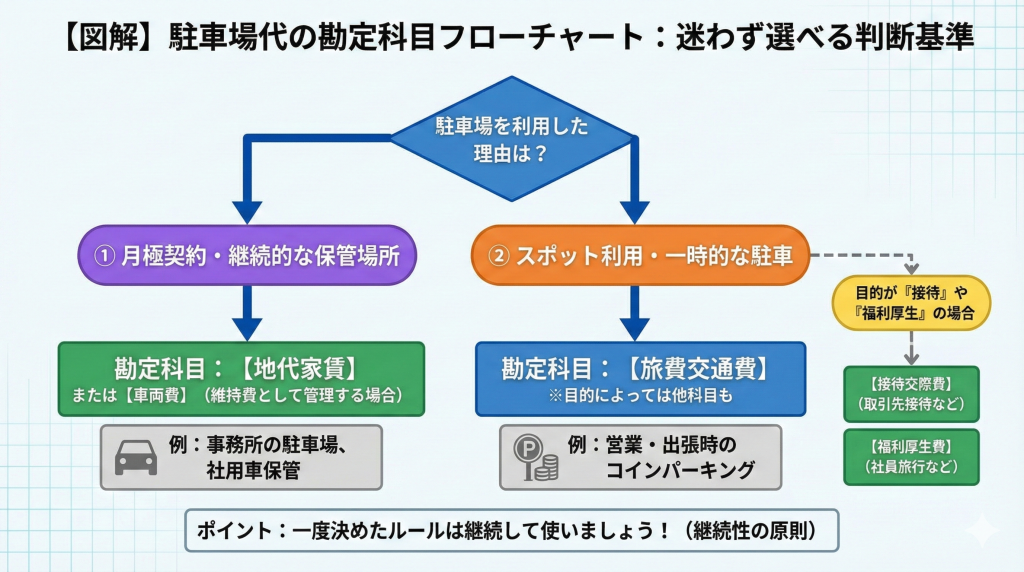 駐車場代の勘定科目は、一時的な利用なら「旅費交通費」、月極契約なら「地代家賃」や「車両費」を使います。コインパーキング、月極、取引先への訪問など、シーン別の使い分けとインボイス制度下の注意点を解説します。