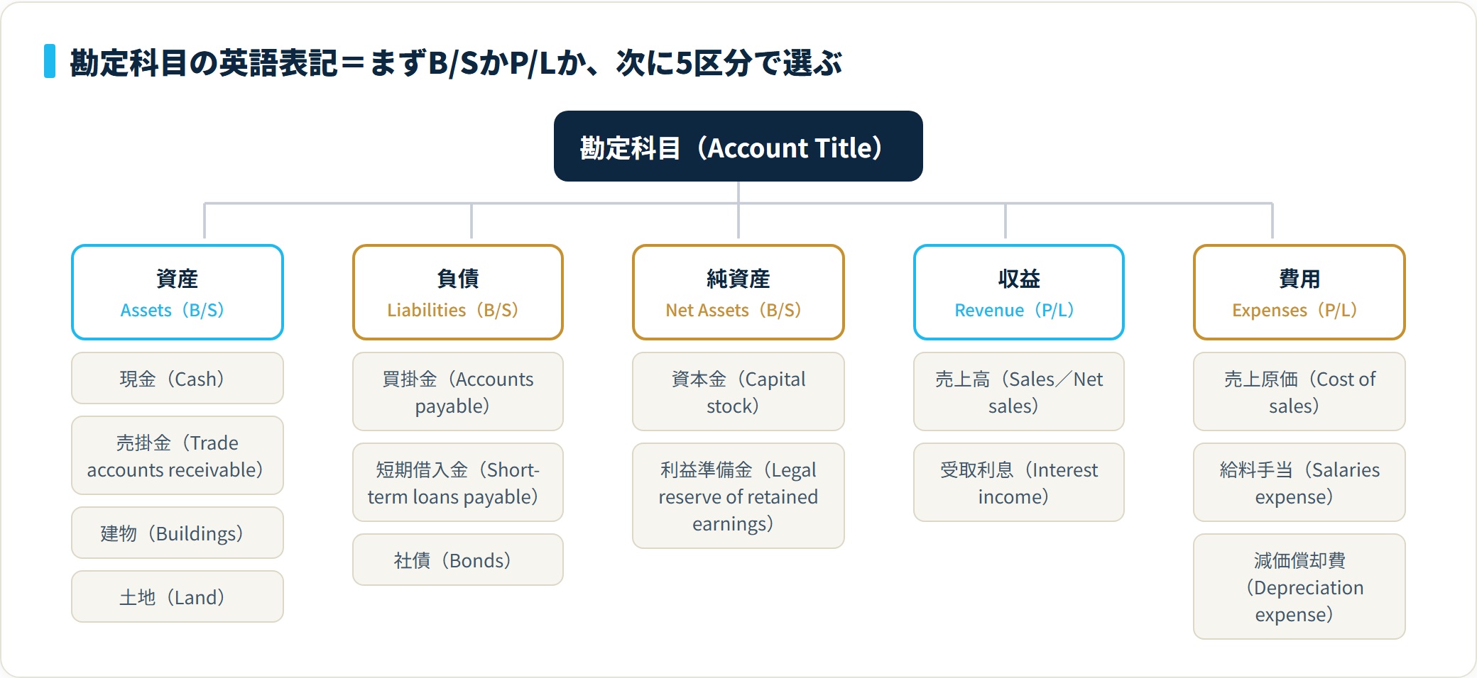 勘定科目の英語表記をB/Sの資産・負債・純資産とP/Lの収益・費用の5区分に分け、各区分の代表科目を日本語と英語の対訳で示した俯瞰図。