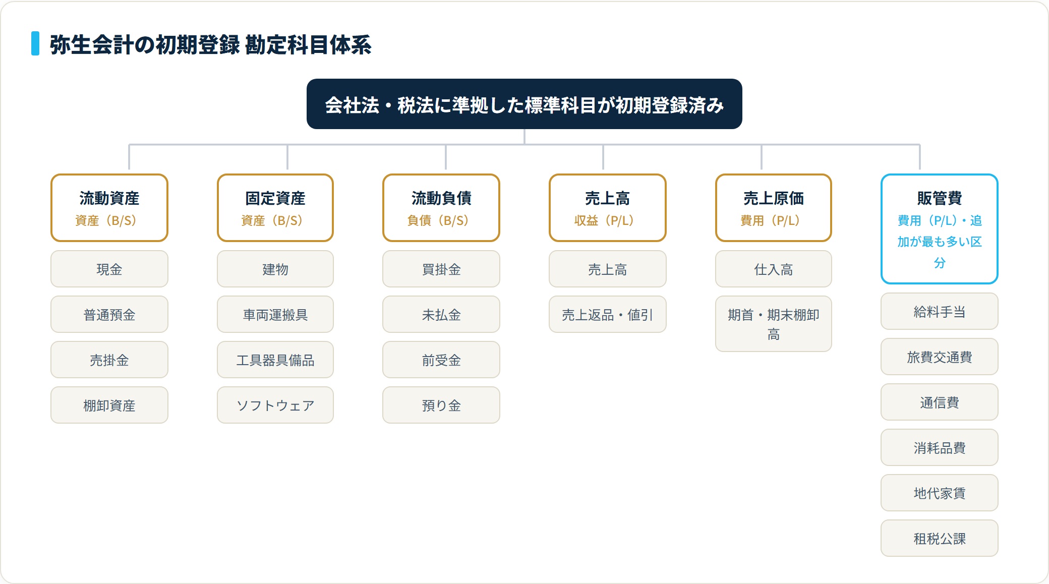 弥生会計は流動資産・固定資産・流動負債・売上高・売上原価・販管費の6区分に標準科目を初期登録しており、業種固有科目や細分化が必要なときだけ追加する。